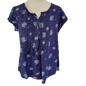 Sonoma Women’s Large Navy Blue White Short Sleeve Blouse Tassel Tie Neck